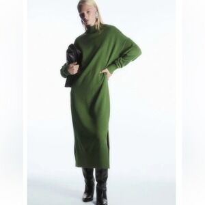 COS Midi Sweater Dress Sz XS Green Mock Neck 100% Wool Oversized Bright Scandi